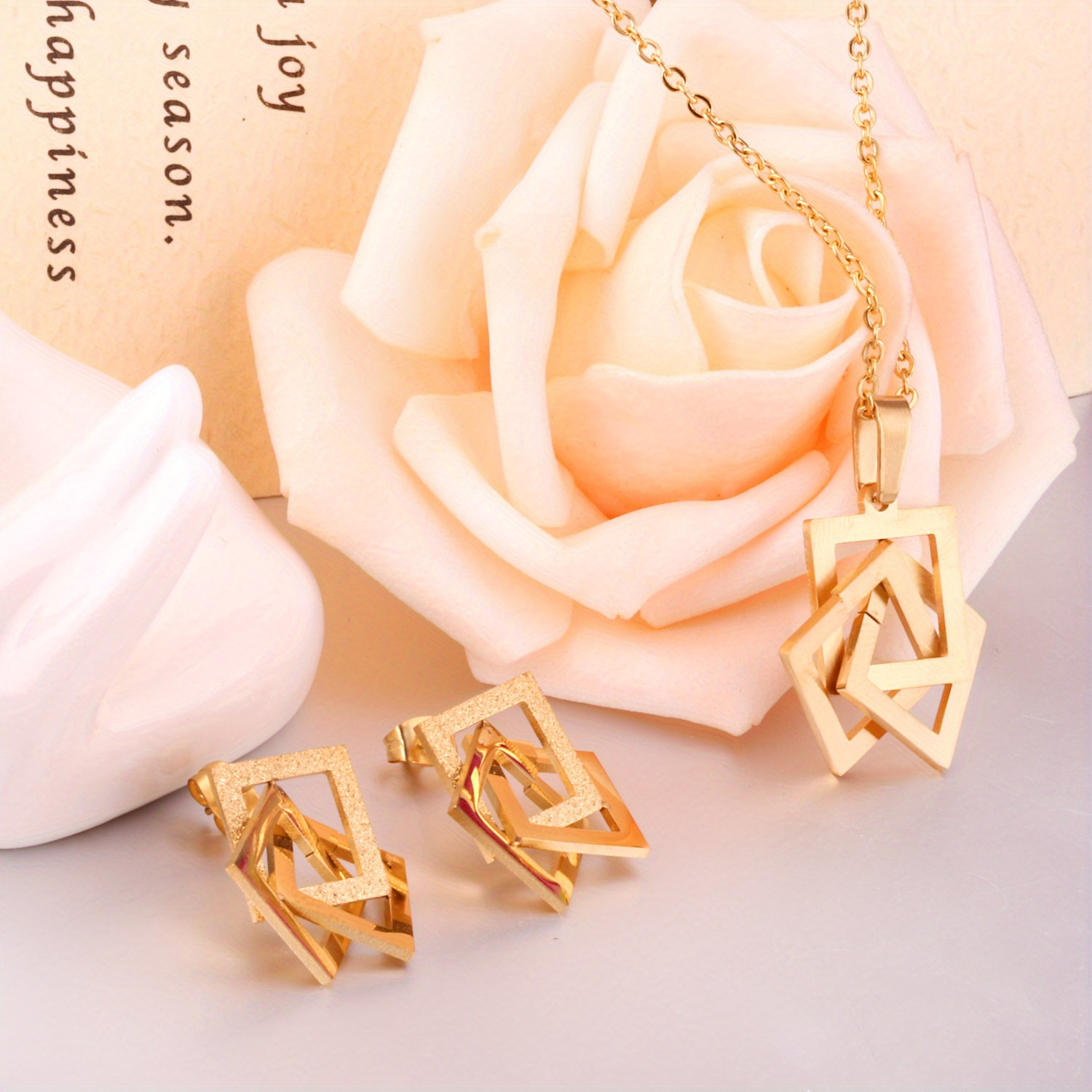 3pcs Set Square Necklaces and Stainless Steel Earrings for Everyday Wear